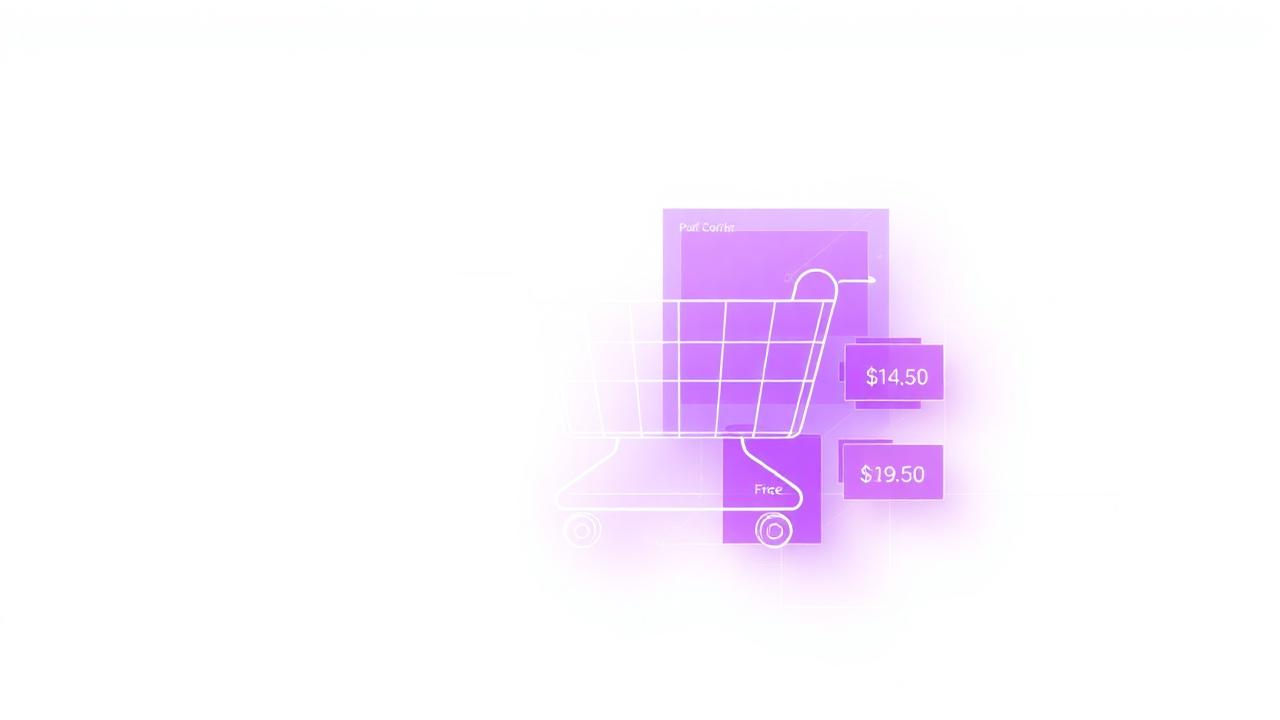 Illustration abstraite de panier e-commerce et blocs de prix, violet et blanc