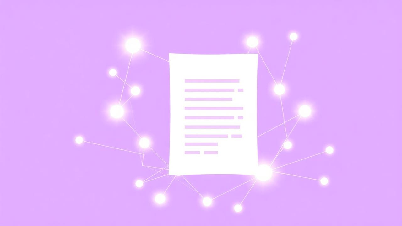 Document entouré de points de citation lumineux, violet et blanc