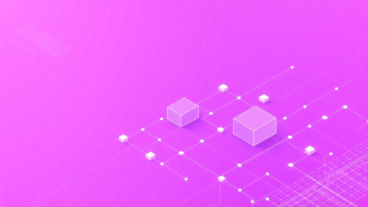 Composition abstraite de modules logiciels connectés, violet et blanc